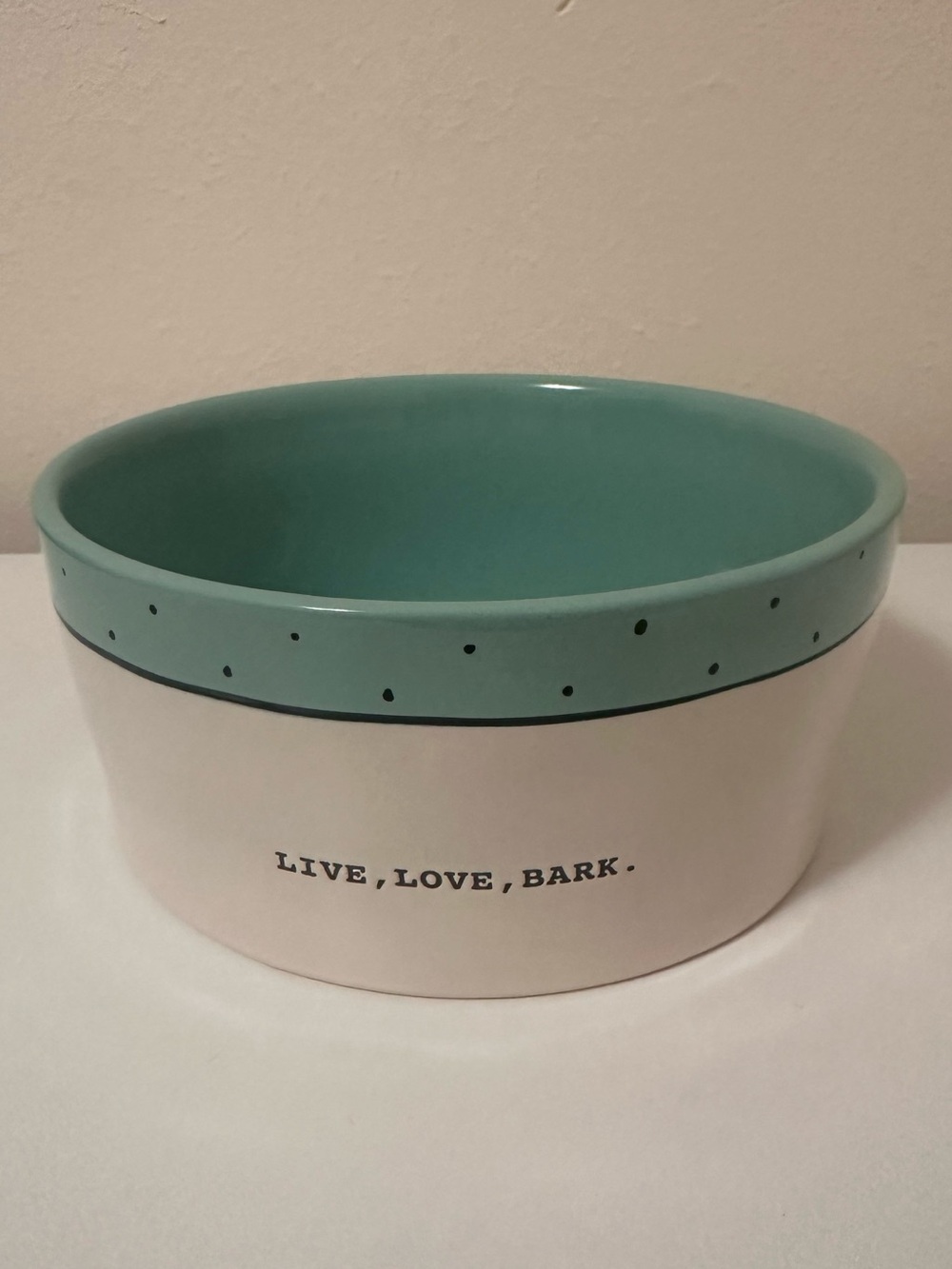 Rae Dunn Live Love Bark Teal Polka Dot LG 8” Ceramic Dog Bowl Artisan Collection